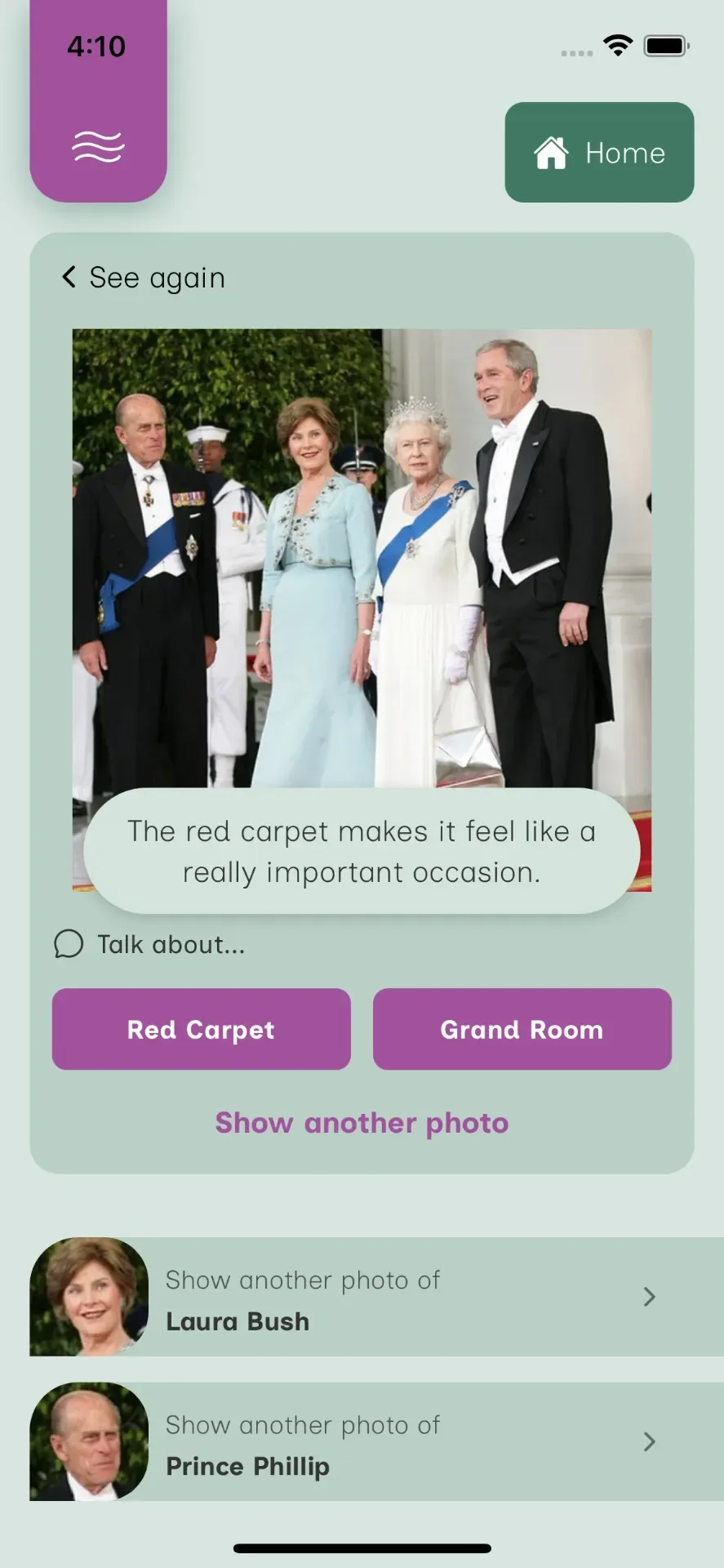 ReelLife Conversations app explore screen showing a connected photo with new conversation prompts