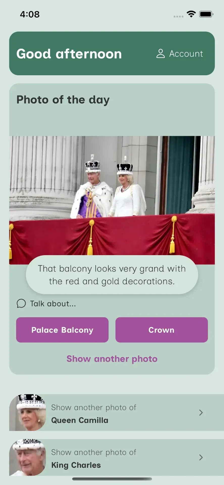 ReelLife Conversations app home screen showing the photo of the day with conversation prompts