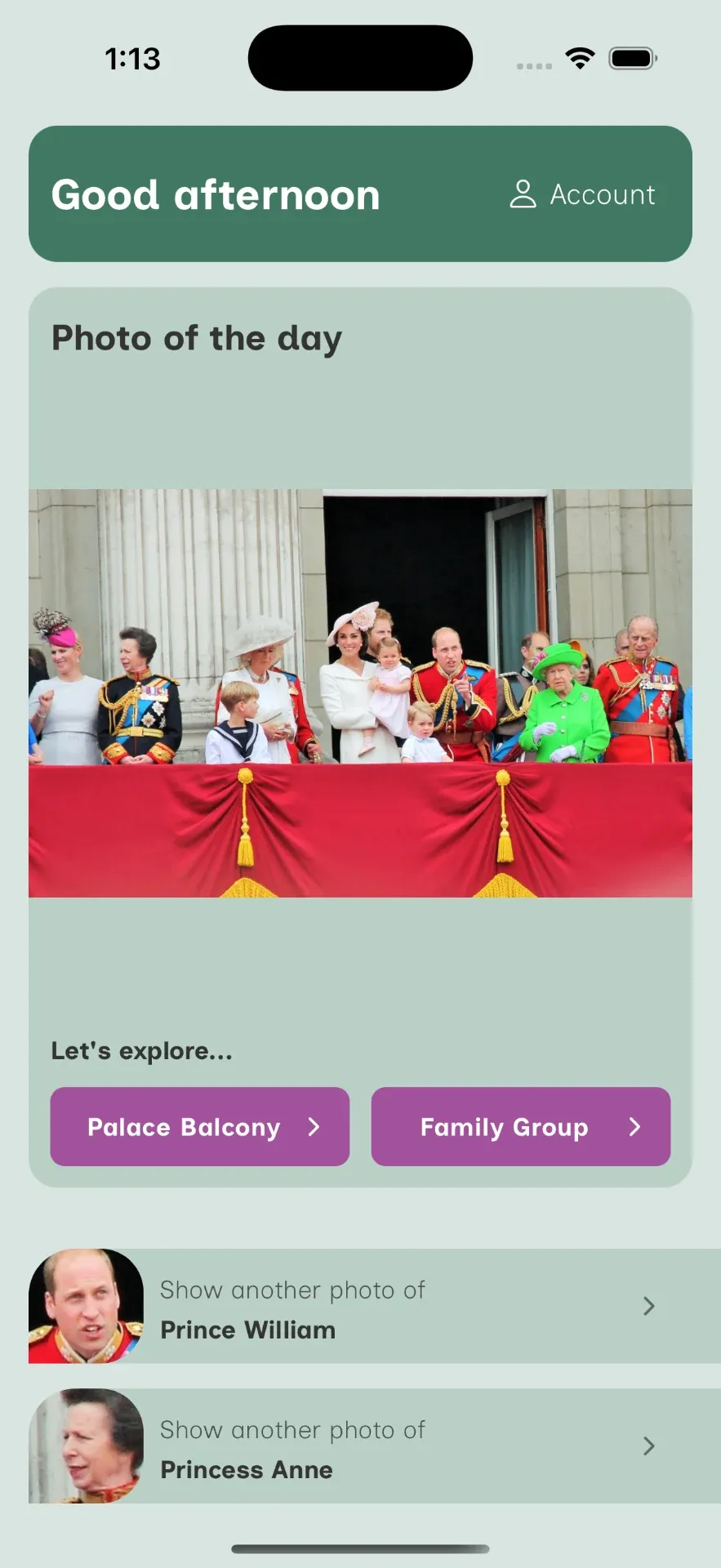 ReelLife Conversations app home screen showing the photo of the day with conversation prompts