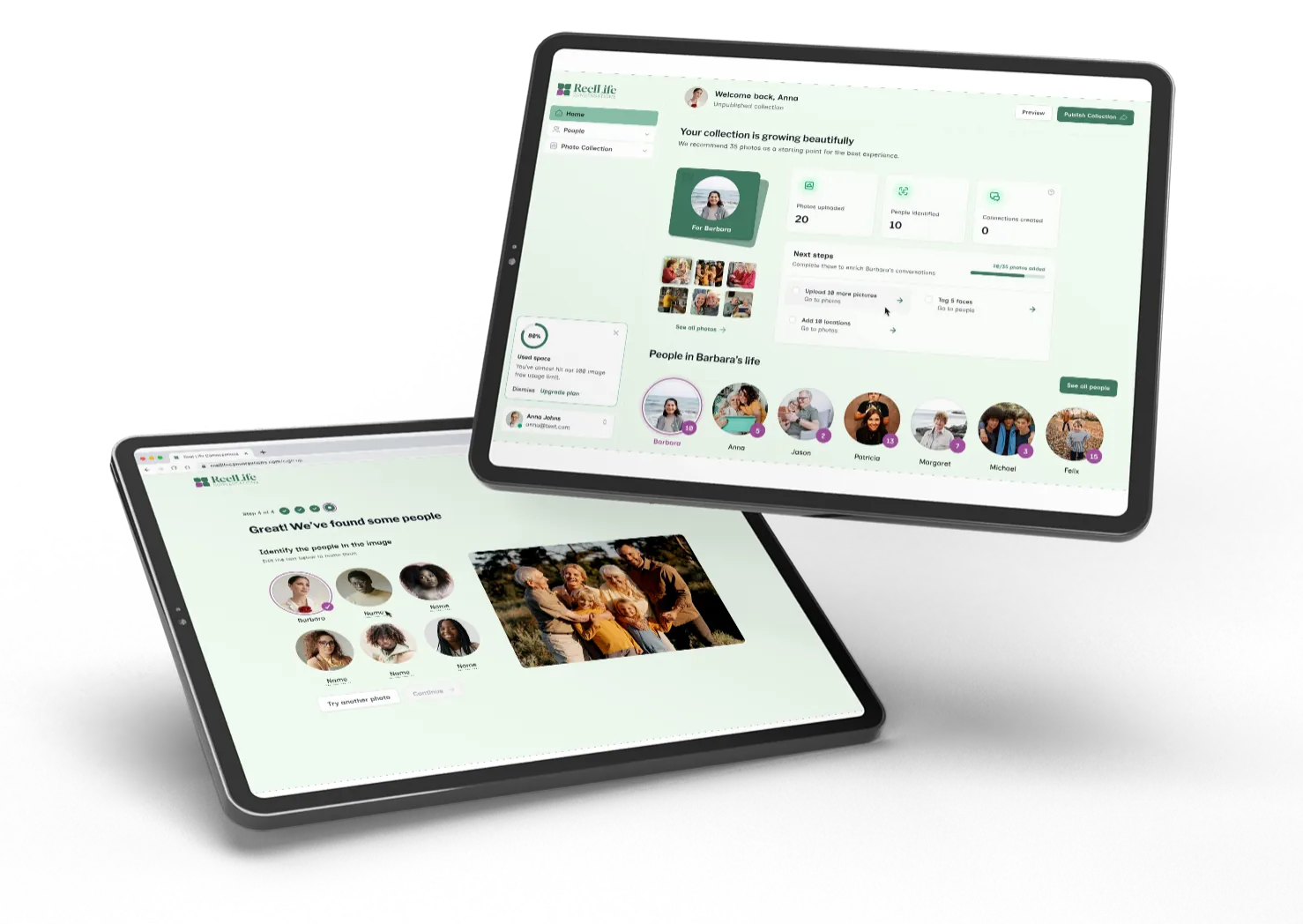 ReelLife Conversations app displayed on a tablet showing photo conversation prompts